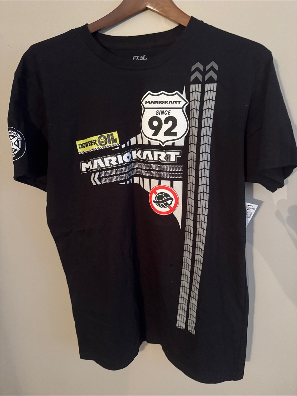Universal Studios Black Mario Kart Graphic Tee with White, Gray Yellow Accents